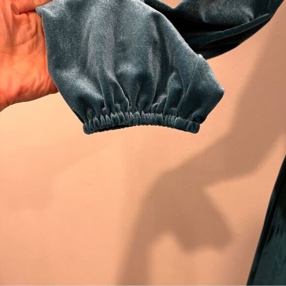 Lands' End Velvet and Satin Midi Dress in evening teal color with plated skirt - Picture 5 of 13